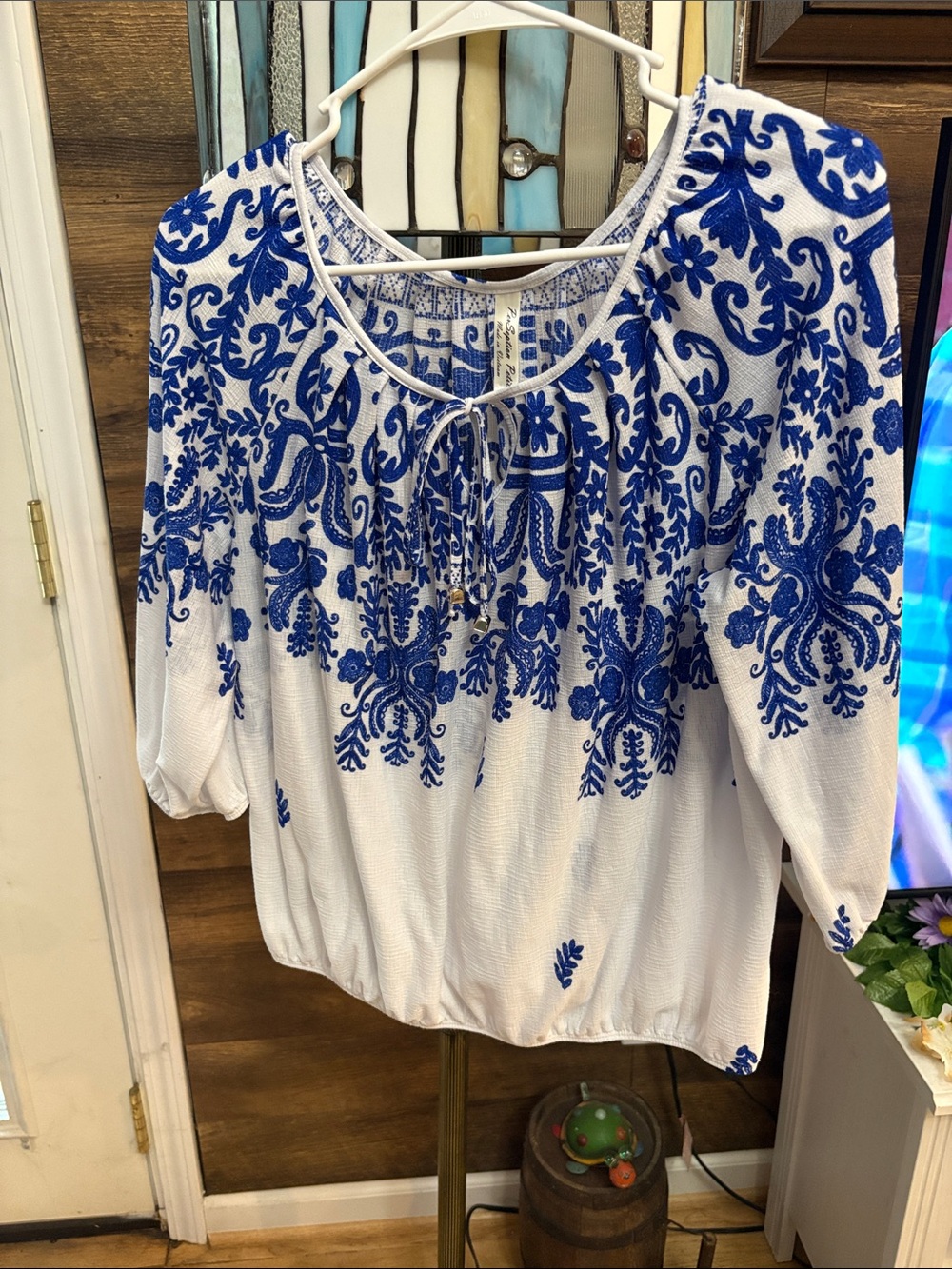 Perseption White Top with Royal Blue Embroidery